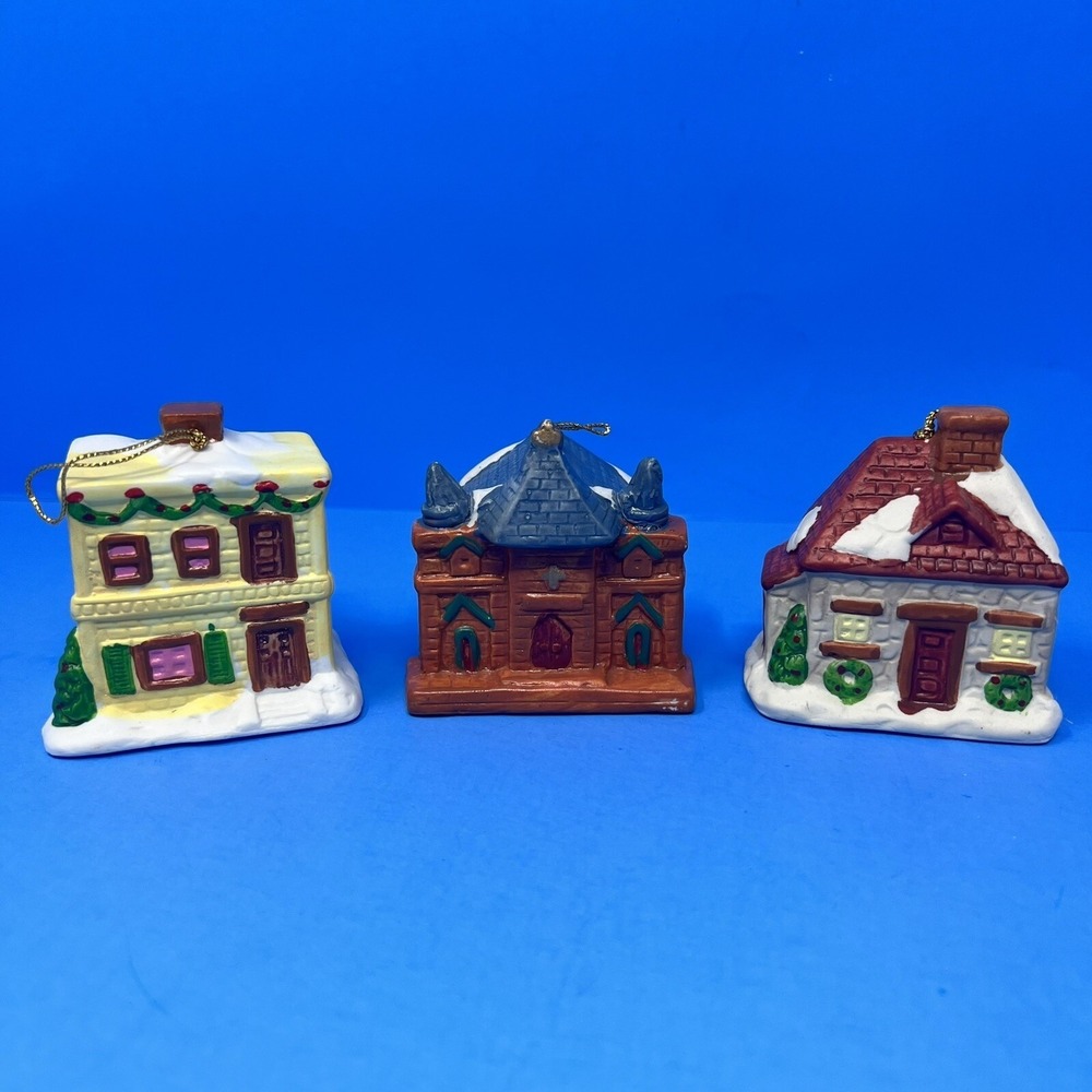 Christmas Ceramic Bell Holiday Ornaments Set Of 3 Village House Church Shop VTG